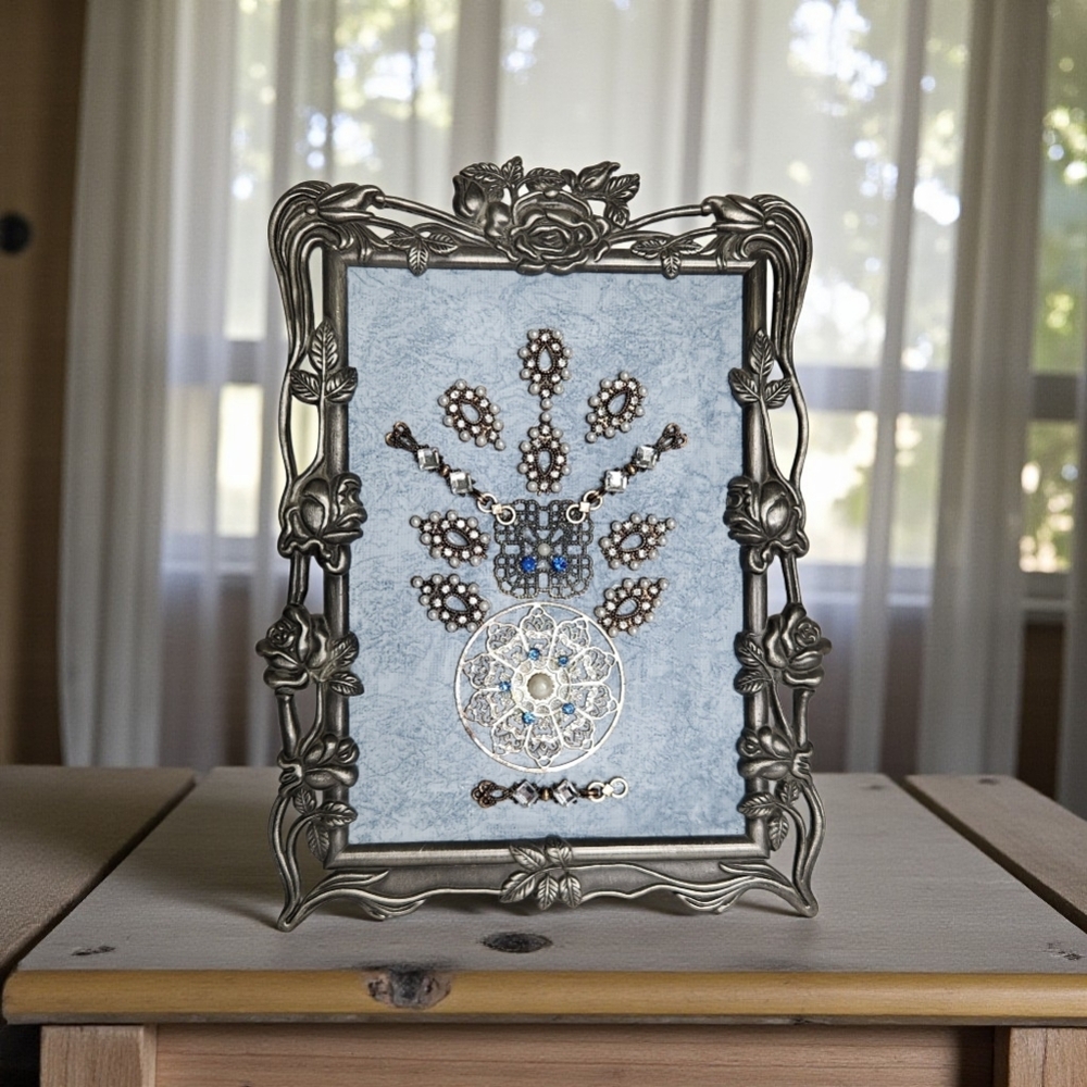 Hand Made Decorative Vintage Inspired Bouquet Motif Jewelry Art with Metal Frame